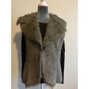 Fever Vest Womens Medium Gray Faux Suede Faux Fur Collar Boho Western Cozy Chic
